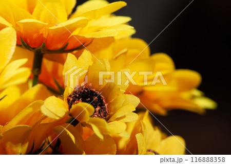 Background of Artificial Flowers Orange Yellow Red, Autumnal Colours. Background of Artificial Flowers Orange Yellow Red, Autumnal Colours. 116888358