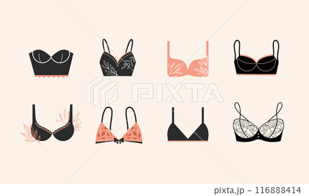 Lingerie, intimate wear, underwear and bra, brassiere, camisole, logos set. Retro, luxury vintage 116888414