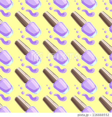 Vector seamless pattern of purple nail polish bottles, brushes, and splashes on a yellow background Vector seamless pattern of purple nail polish bottles, brushes, and splashes on a yellow background 116888552