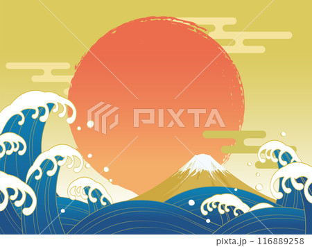 波と富士山と初日の出の和風背景_ベクターイラスト 116889258