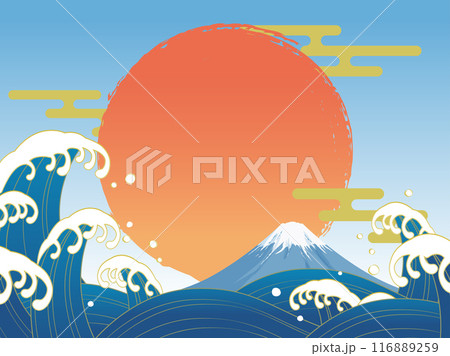 波と富士山と初日の出の和風背景_ベクターイラスト 116889259