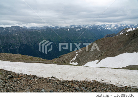 Aerial View of a Mountain Valley in the Caucasus Mountains Aerial View of a Mountain Valley in the Caucasus Mountains 116889336