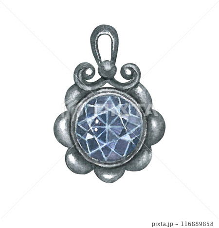 Watercolor illustration of a pendant with a gemstone. Isolated on a white background, hand-drawn Watercolor illustration of a pendant with a gemstone. Isolated on a white background, hand-drawn 116889858