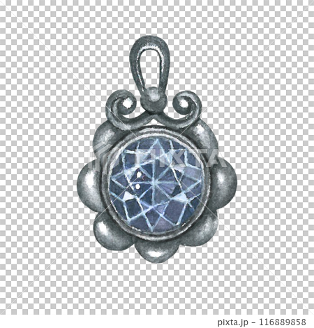 Watercolor illustration of a pendant with a gemstone. Isolated on a white background, hand-drawn Watercolor illustration of a pendant with a gemstone. Isolated on a white background, hand-drawn 116889858