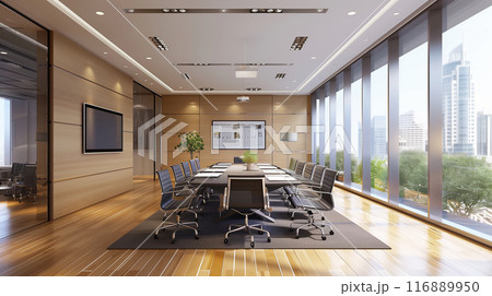 モダンなオフィスにある大きな窓の明るい会議室をリアルに描いたAI生成画像 116889950