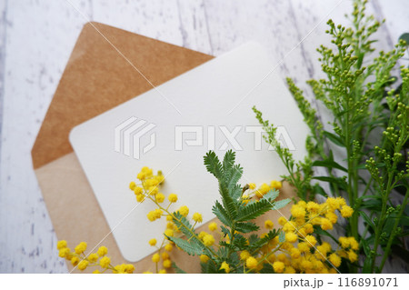 黄色いミモザの花と白い紙、春のフローラル背景 黄色いミモザの花と白い紙、春のフローラル背景 116891071