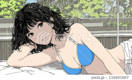 南国のリゾートホテルのプールにビキニ姿でいる若い女性