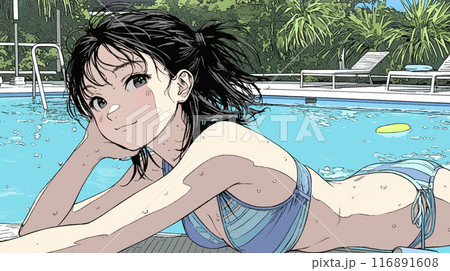 南国のリゾートホテルのプールにビキニ姿でいる若い女性