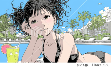 南国のリゾートホテルのプールにビキニ姿でいる若い女性