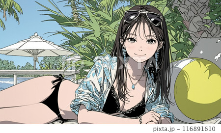 南国のリゾートホテルのプールにビキニ姿でいる若い女性