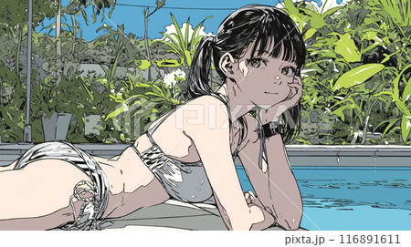 南国のリゾートホテルのプールにビキニ姿でいる若い女性