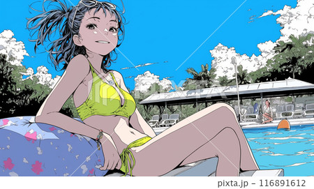 南国のリゾートホテルのプールにビキニ姿でいる若い女性