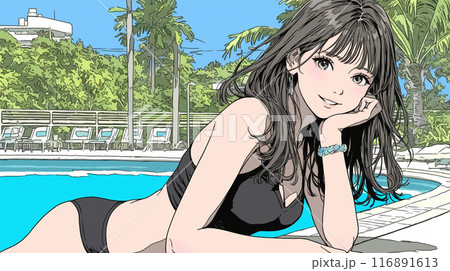 南国のリゾートホテルのプールにビキニ姿でいる若い女性