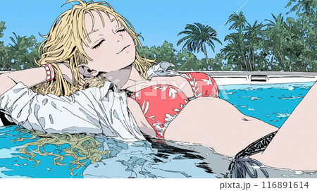 南国のリゾートホテルのプールにビキニ姿でいる若い女性