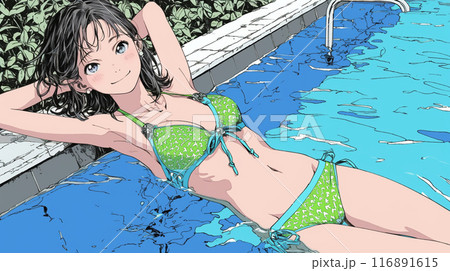 南国のリゾートホテルのプールにビキニ姿でいる若い女性