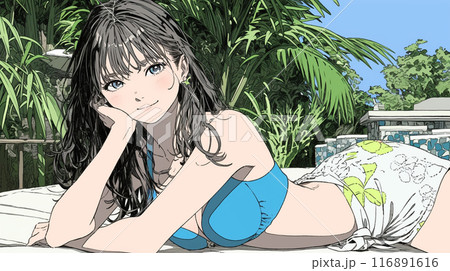 南国のリゾートホテルのプールにビキニ姿でいる若い女性