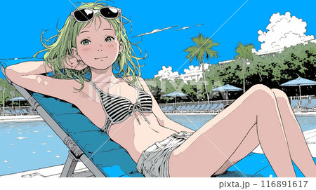 南国のリゾートホテルのプールにビキニ姿でいる若い女性