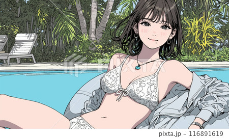 南国のリゾートホテルのプールにビキニ姿でいる若い女性