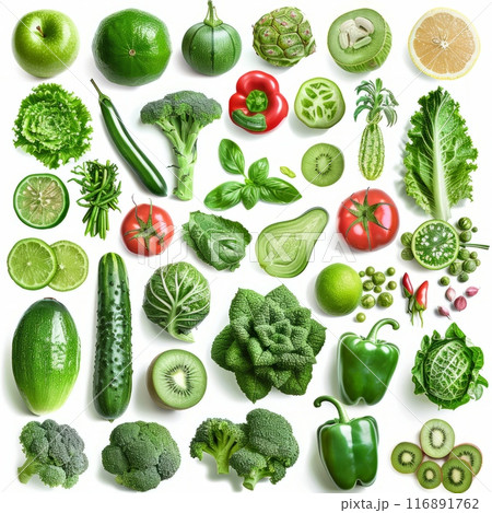 Assorted fresh vegetables and fruits isolated on white backdrop Assorted fresh vegetables and fruits isolated on white backdrop 116891762