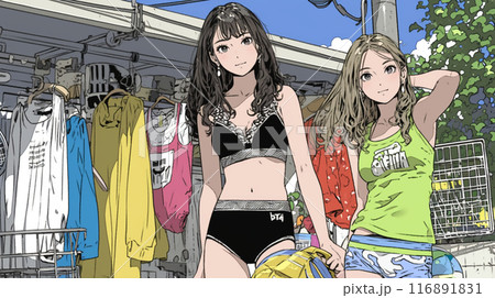 水着に着替え中の若い女性