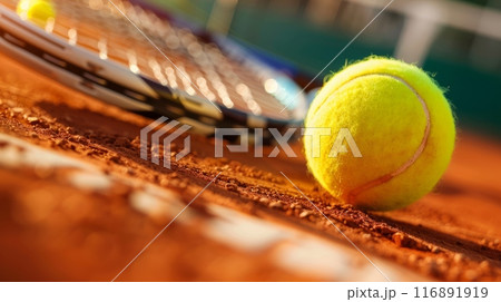 Close Up of Tennis Ball on Clay Court 116891919