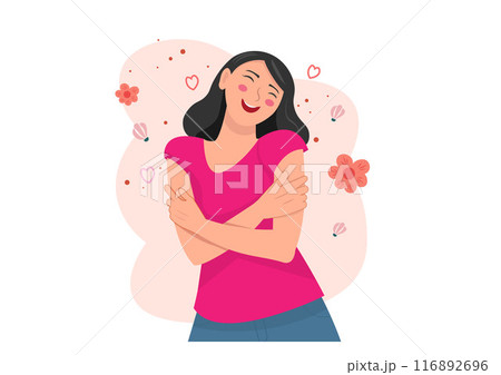 Smiling woman closes her eyes and hugs herself Smiling woman closes her eyes and hugs herself 116892696