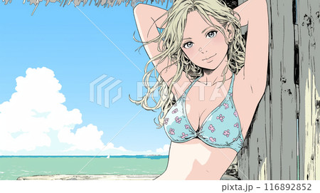 南国の海岸にビキニ姿でいる若い女性