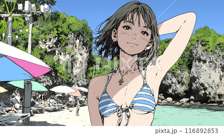 南国の海岸にビキニ姿でいる若い女性