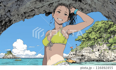 南国の海岸にビキニ姿でいる若い女性