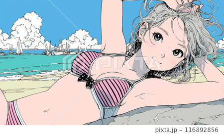 南国の海岸にビキニ姿でいる若い女性