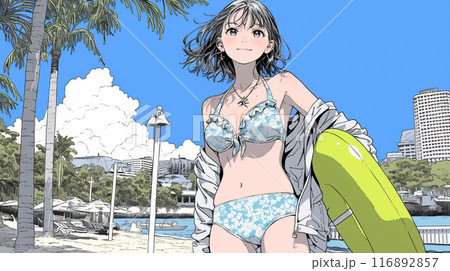 南国の海岸にビキニ姿でいる若い女性