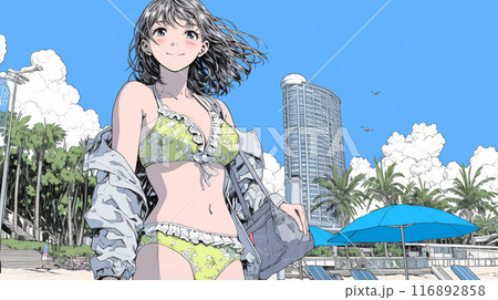 南国の海岸にビキニ姿でいる若い女性