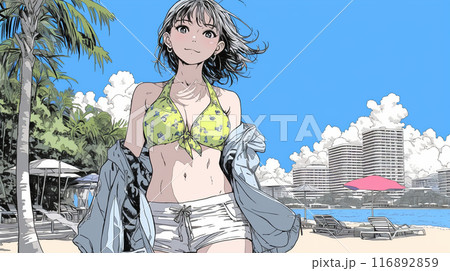 南国の海岸にビキニ姿でいる若い女性