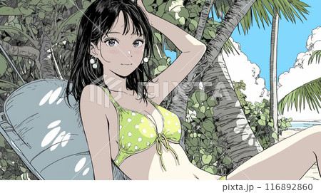 南国の海岸にビキニ姿でいる若い女性