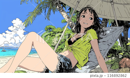 南国の海岸にビキニ姿でいる若い女性