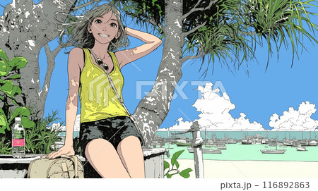 南国の海岸にビキニ姿でいる若い女性