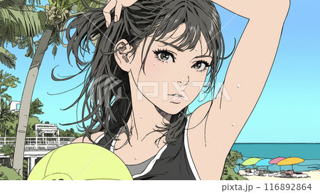 南国の海岸にビキニ姿でいる若い女性