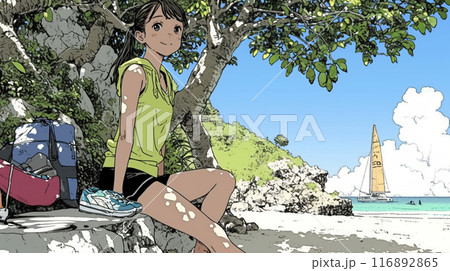 南国の海岸にビキニ姿でいる若い女性 116892865