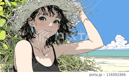 南国の海岸にビキニ姿でいる若い女性