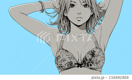 南国の海岸にビキニ姿でいる若い女性