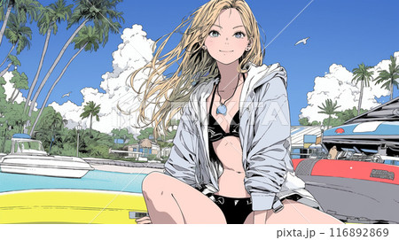 南国の海岸にビキニ姿でいる若い女性