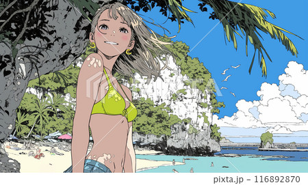 南国の海岸にビキニ姿でいる若い女性