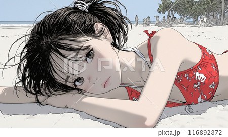 南国の海岸にビキニ姿でいる若い女性