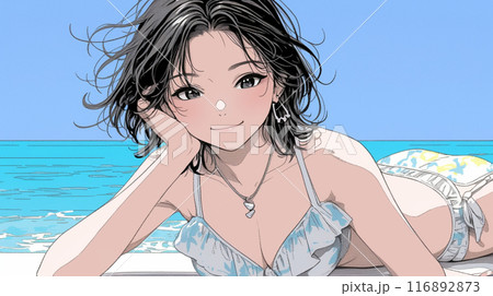 南国の海岸にビキニ姿でいる若い女性