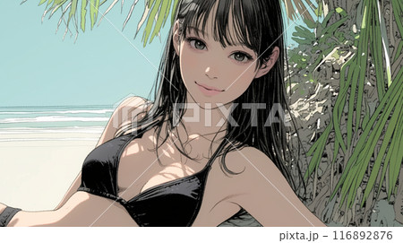 南国の海岸にビキニ姿でいる若い女性