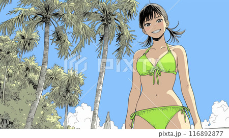 南国の海岸にビキニ姿でいる若い女性