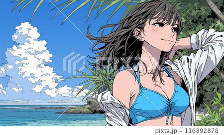 南国の海岸にビキニ姿でいる若い女性