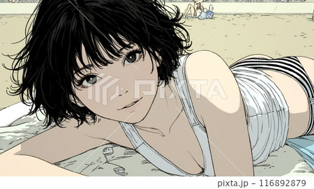 南国の海岸にビキニ姿でいる若い女性