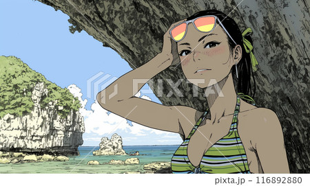 南国の海岸にビキニ姿でいる若い女性