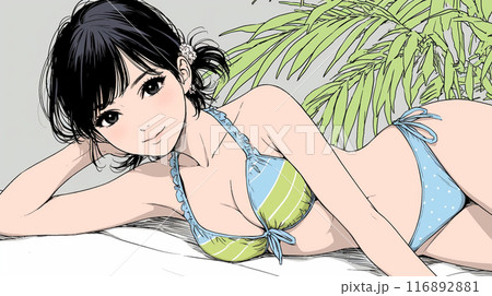 南国の海岸にビキニ姿でいる若い女性